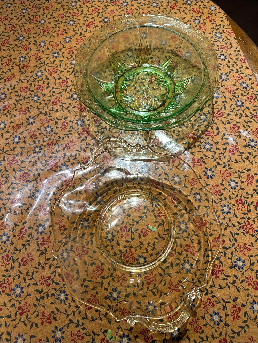 Green and Clear Pressed Glass Decorative Bowls - Unbranded